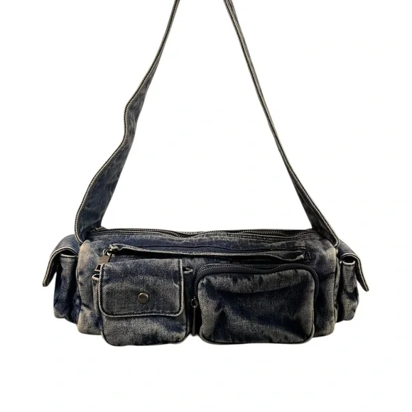 Y2K Denim Shoulder Bag Blue Faded Zip Top Multi Pocket Medium Retro 90s - Picture 7 of 7